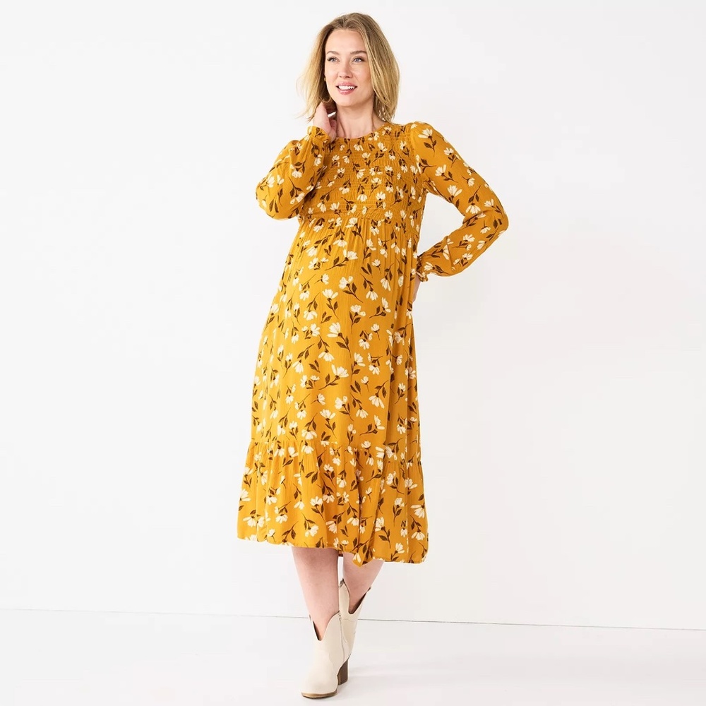 Maternity Sonoma Size Small Mustard Yellow Smocked Bodice Midi Dress